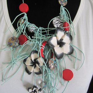 Art Deco Mint Green/Floral/Bead Tassel Necklace